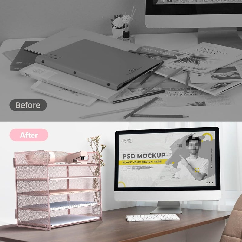 Sinboun Letter Tray Paper Organizer 5-Tier Desk Organizer File Organizer Paper Holder with Handle, Metal Desktop Document Shelf Tray Office Classroom Organization - Pink, PK5CENGTISHOU - Image 3